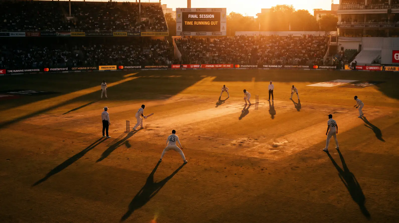 Long shadows across a cricket ground during the final session of a Test match