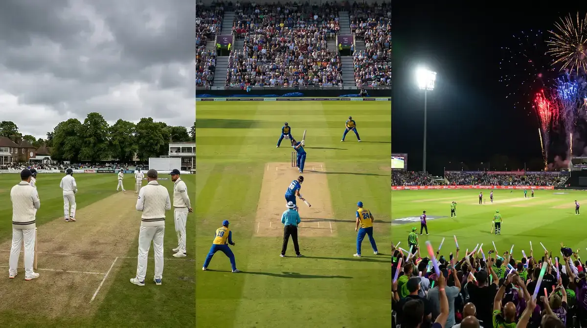 Three cricket formats side by side showing Test match, ODI, and T20 with different field setups