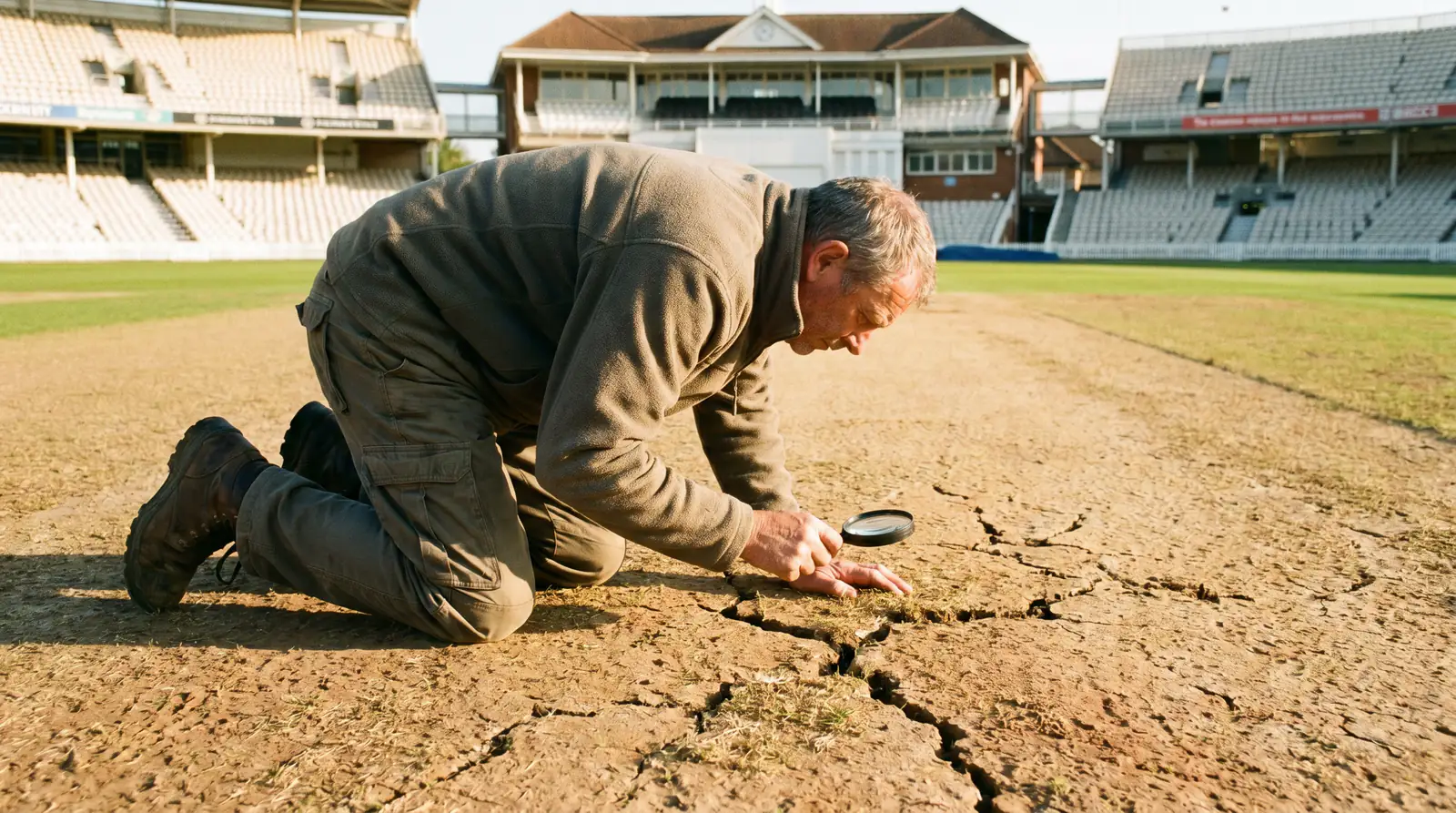 Groundsman inspecting a Test match cricket pitch before play begins