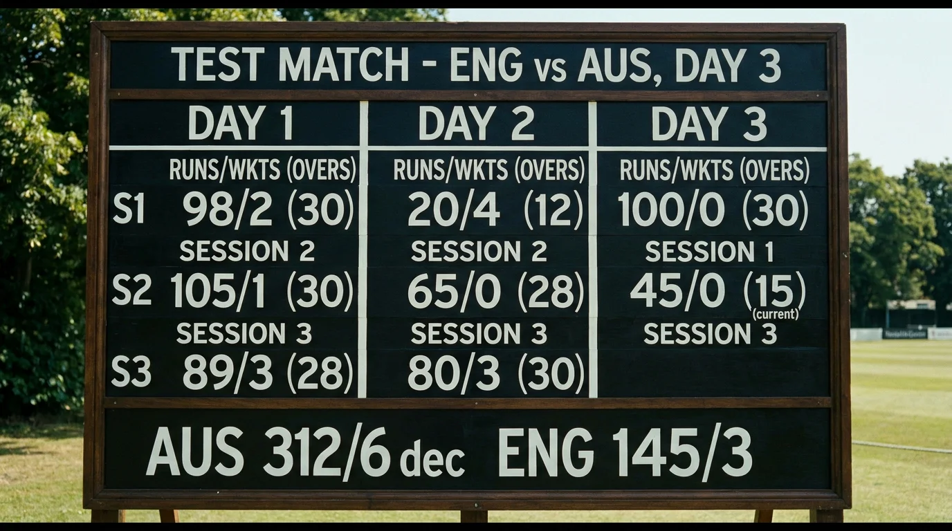 Cricket scoreboard showing session scores during a five-day Test match