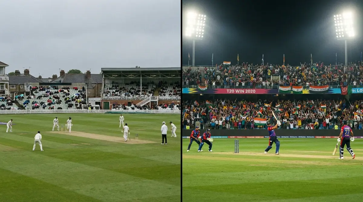 Split view of a five-day Test match and a T20 match illustrating different live betting tempos