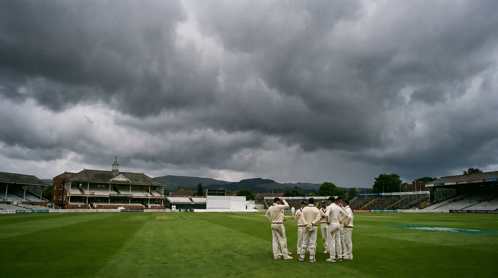 Overcast skies above a cricket ground with swing bowling conditions visible