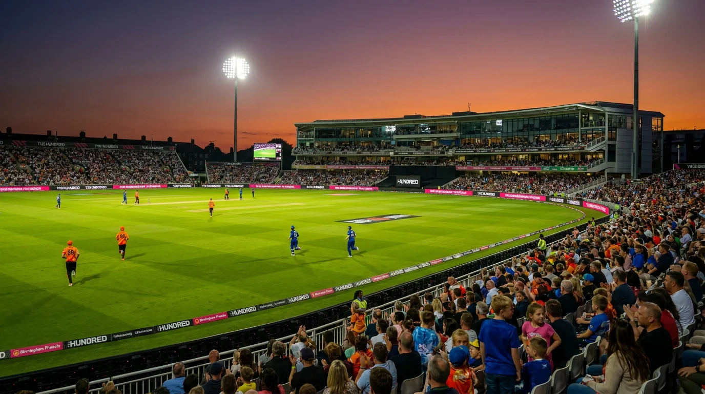 The Hundred cricket match with vibrant team colours and a packed modern stadium