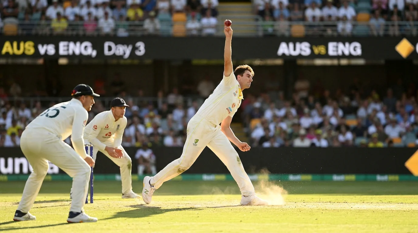 Cricket fast bowler in full delivery stride on a green pitch during a Test match