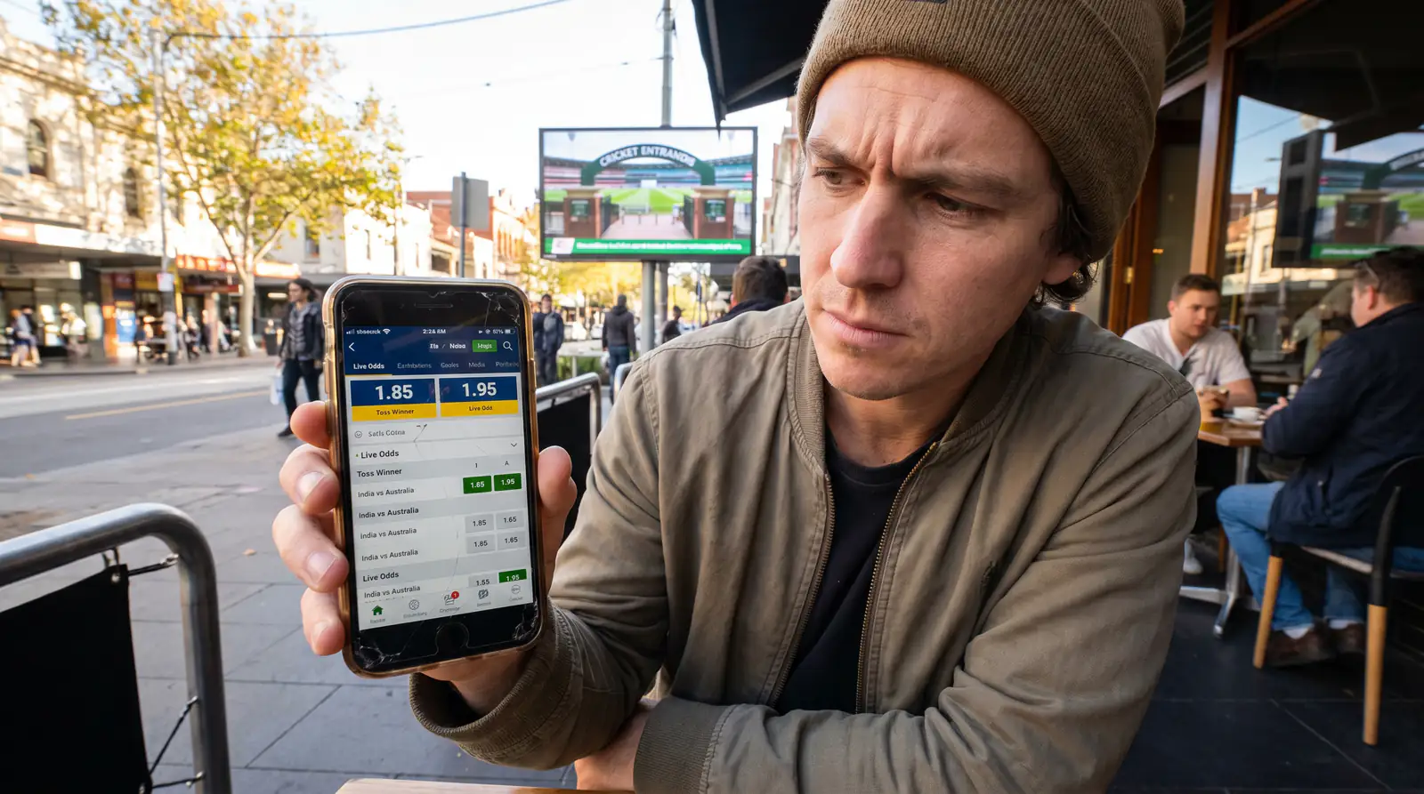 Person reviewing toss betting odds on a mobile phone before a cricket match