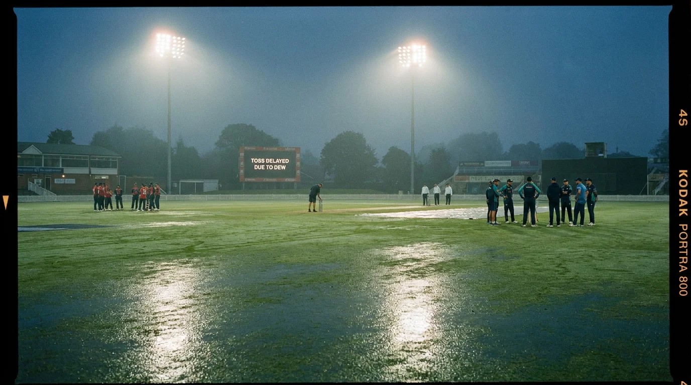 Dew on a cricket ground under floodlights affecting toss decisions in evening matches