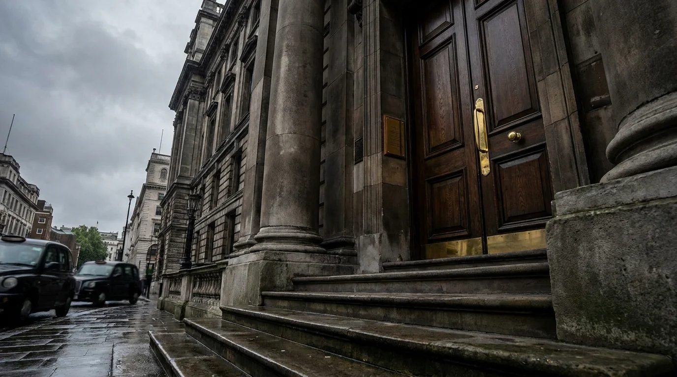 Official government building entrance with stone columns and a brass plaque, symbolising UK regulatory authority