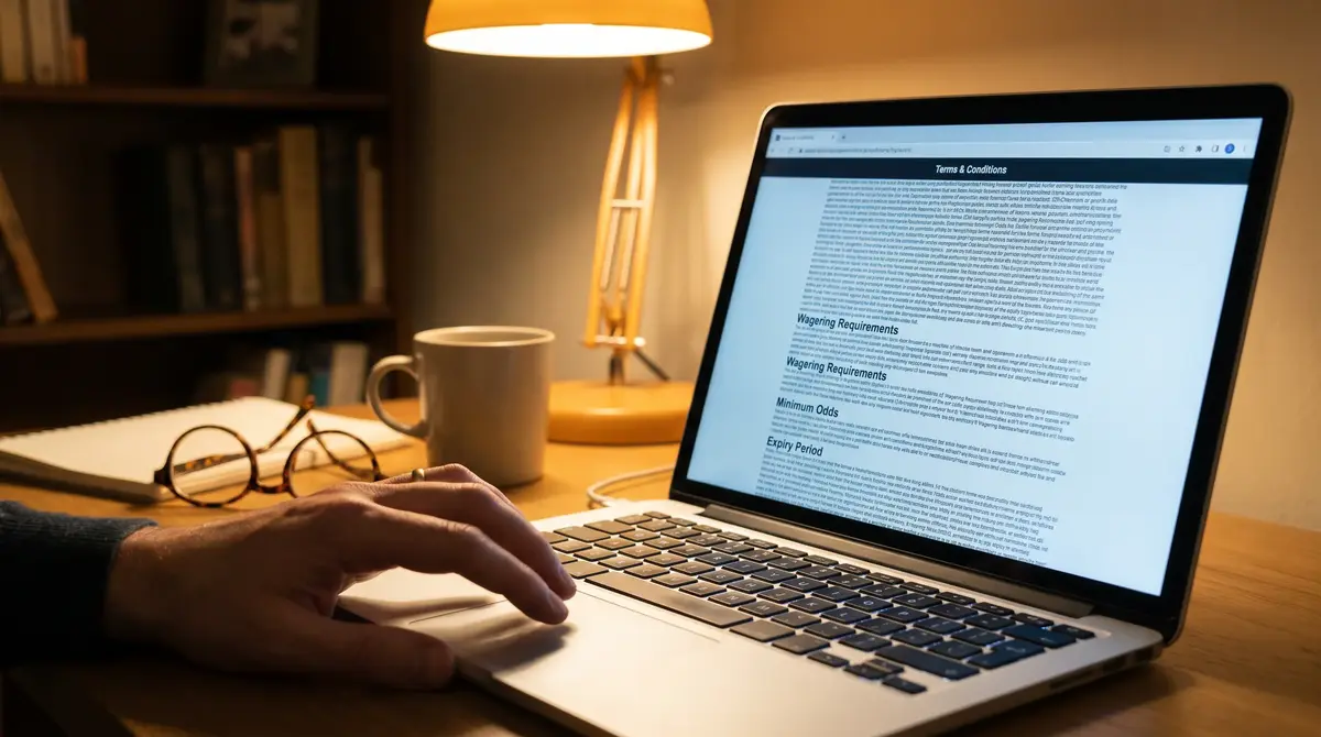 Close-up of terms and conditions text for a cricket betting welcome offer on a screen