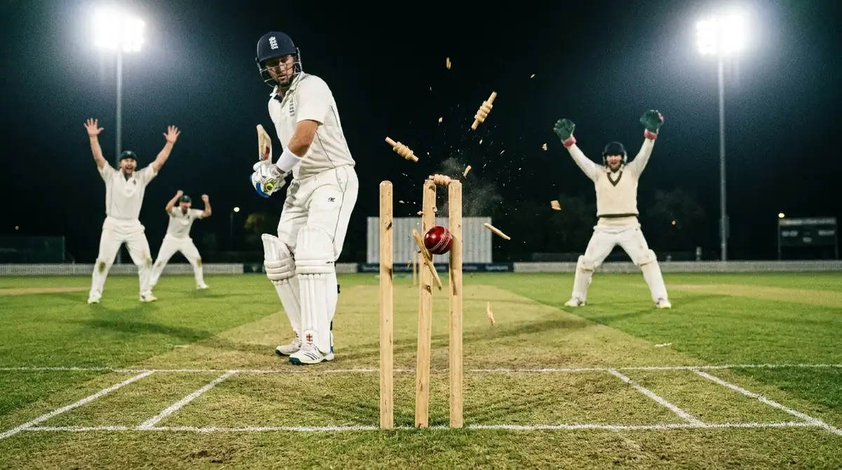Cricket wicket falling with stumps dislodged and fielders celebrating on the pitch