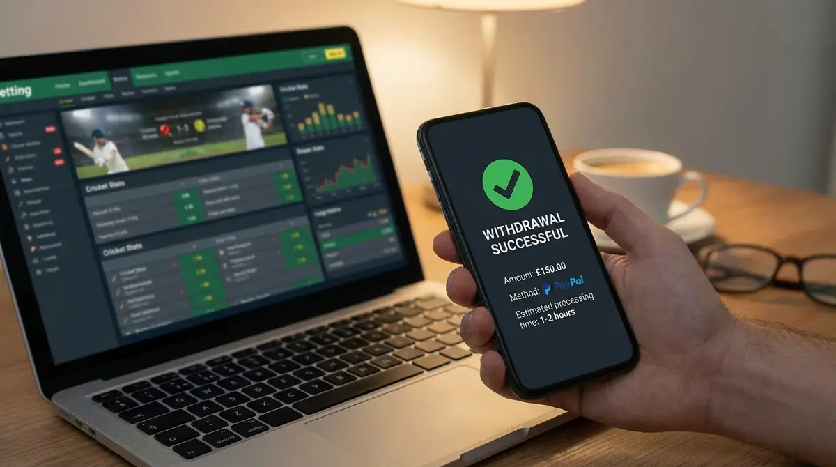 Withdrawal confirmation screen on a UK cricket betting site showing processing timeline