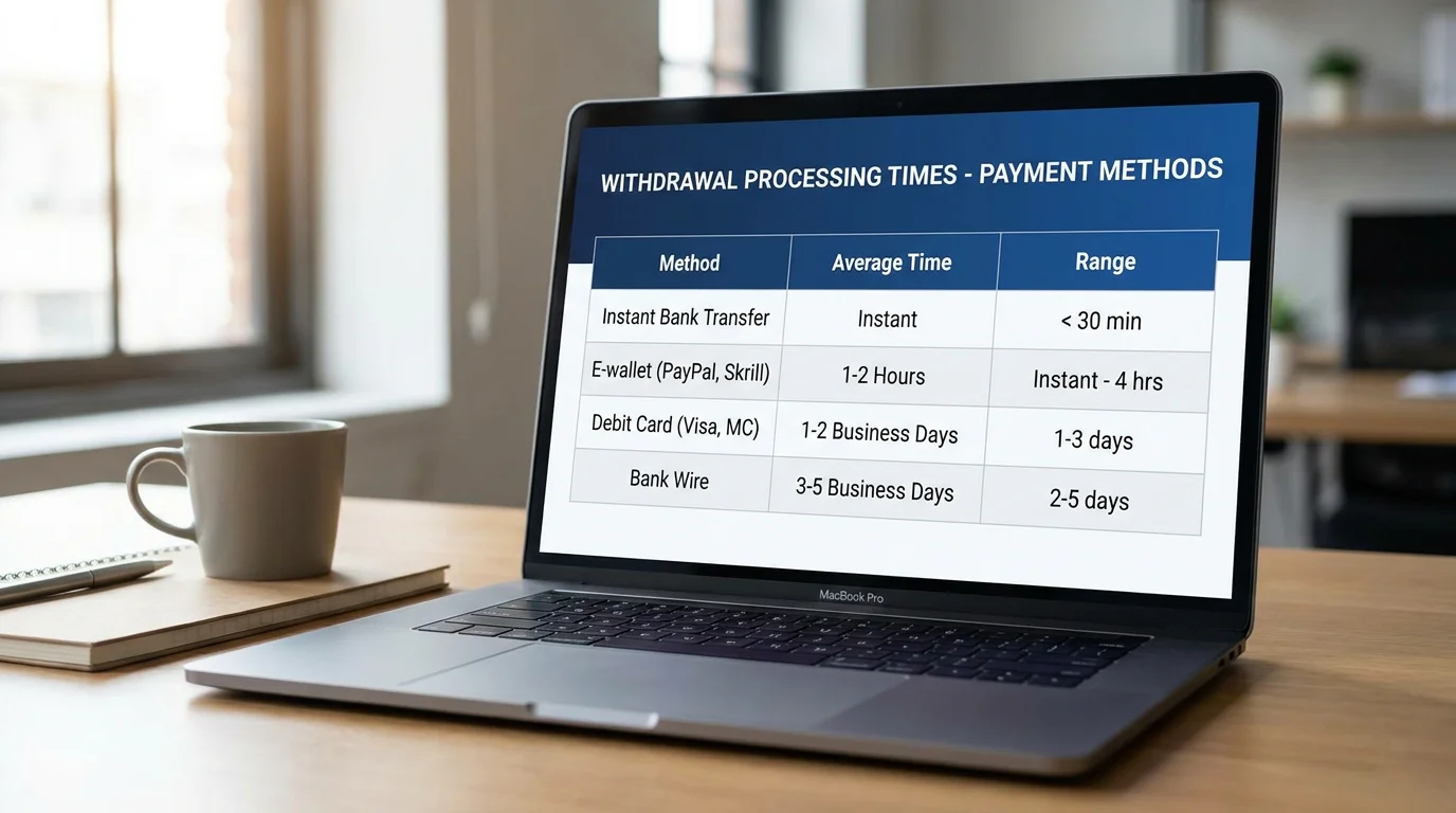 Laptop showing withdrawal processing times for different payment methods on a betting site