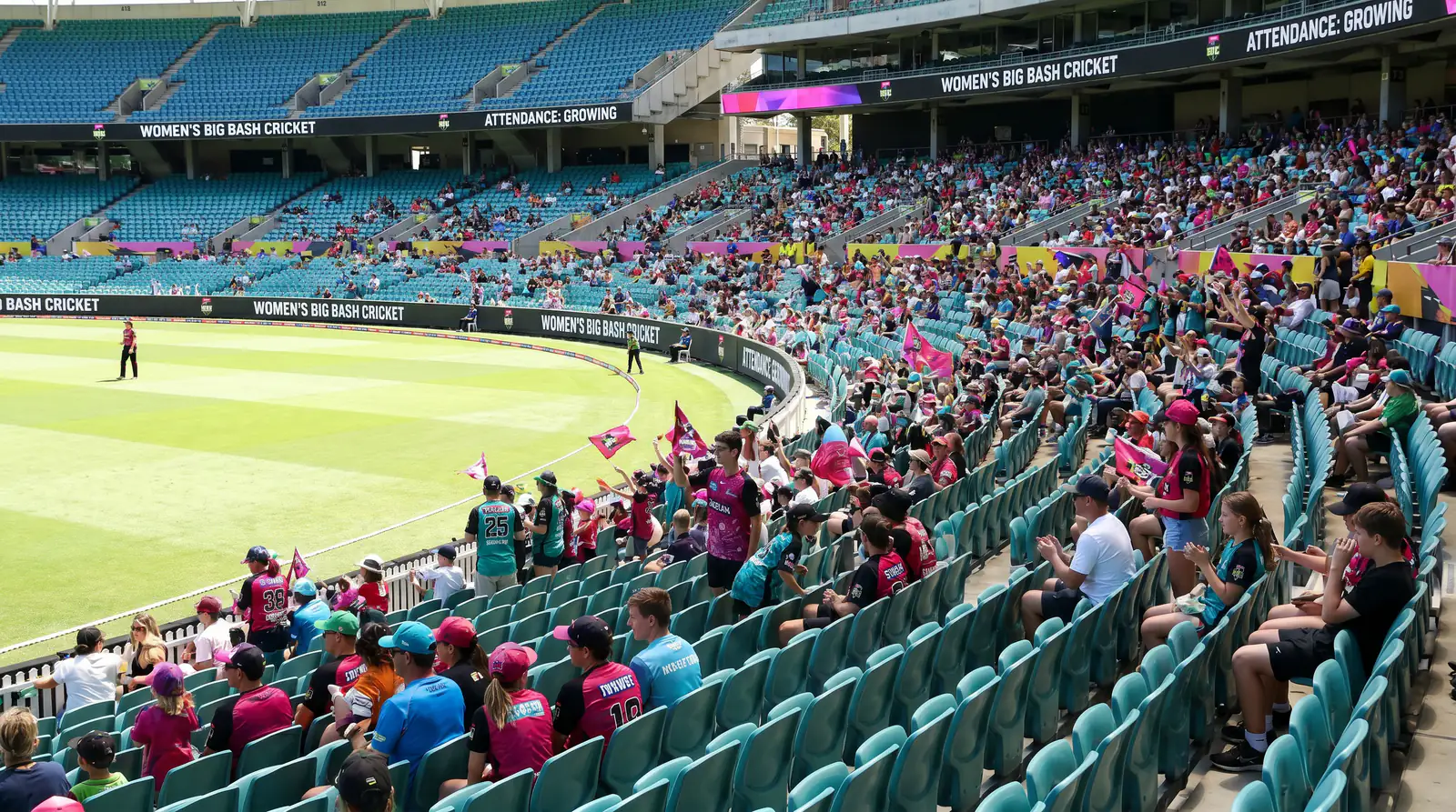 Crowd watching a women's cricket match with increasing attendance visible